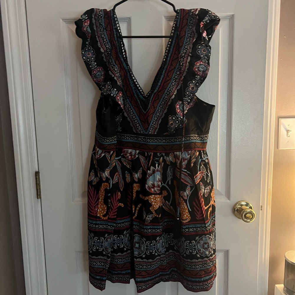 Anthropologie Printed V-Neck Ruffle Strap Mini Dress – Size Medium